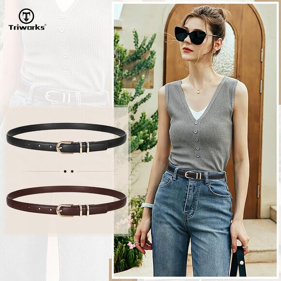 2 Pack Women\'s Skinny Leather Belts Black Dark Coffee Thin Faux with Gold Buckle